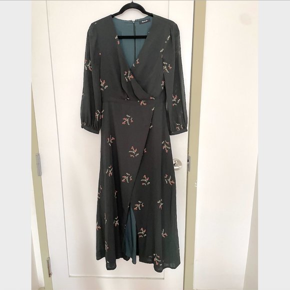 Madewell Night Flower Wrap-Effect Chiffon Dress, Dark Green, Size O - Picture 2 of 7